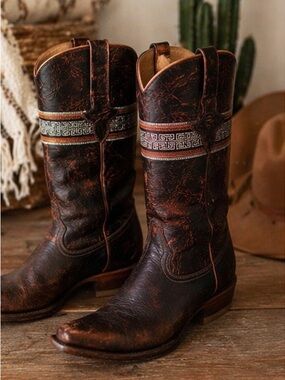 Vintage Tony Lama Brown Leather Western Boots Distressed Snip Toe Cowboy Sz 8